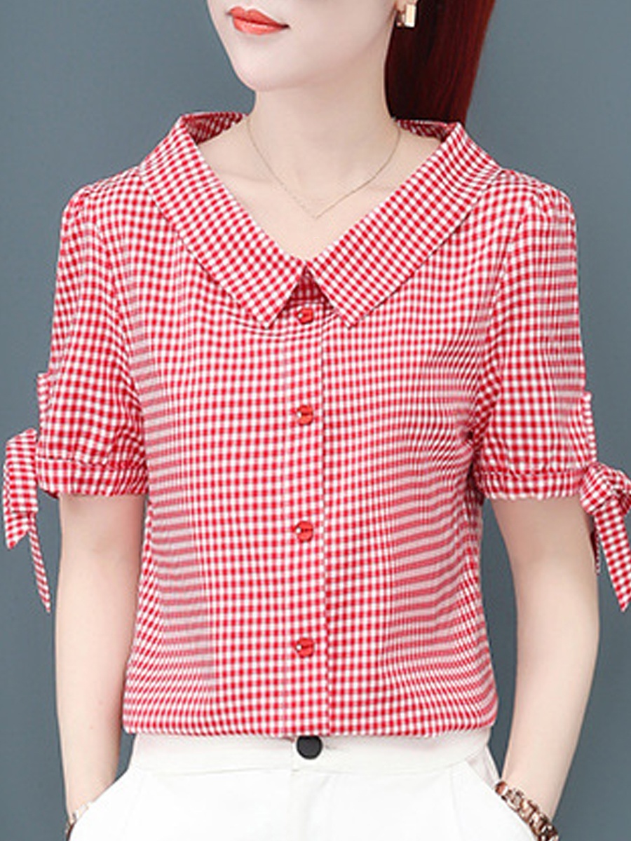 Turn Down Collar Plaid Short Sleeve Blouse