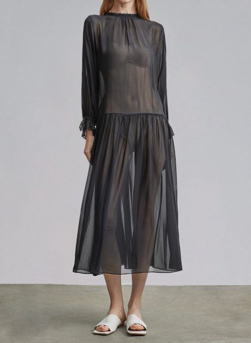 Long Sleeve Black Midi Silk Dress