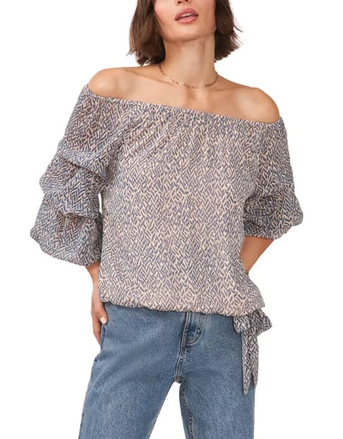 Women's Off The Shoulder Bubble Sleeve Blouse with Tie