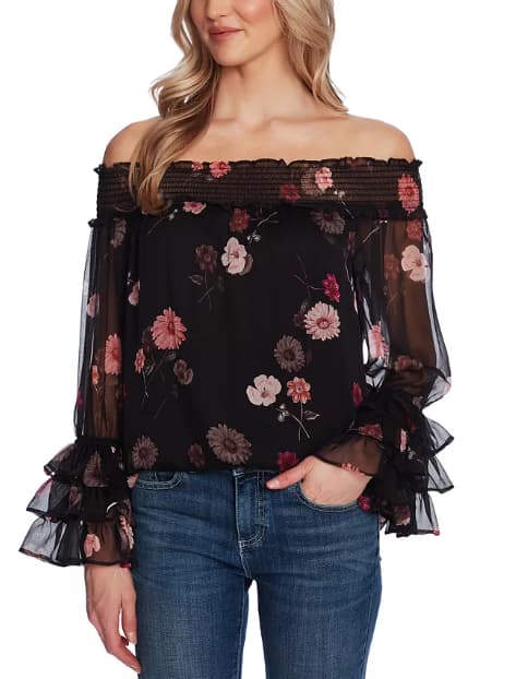 Women's Printed Off-The-Shoulder Ruffled-Sleeve Top